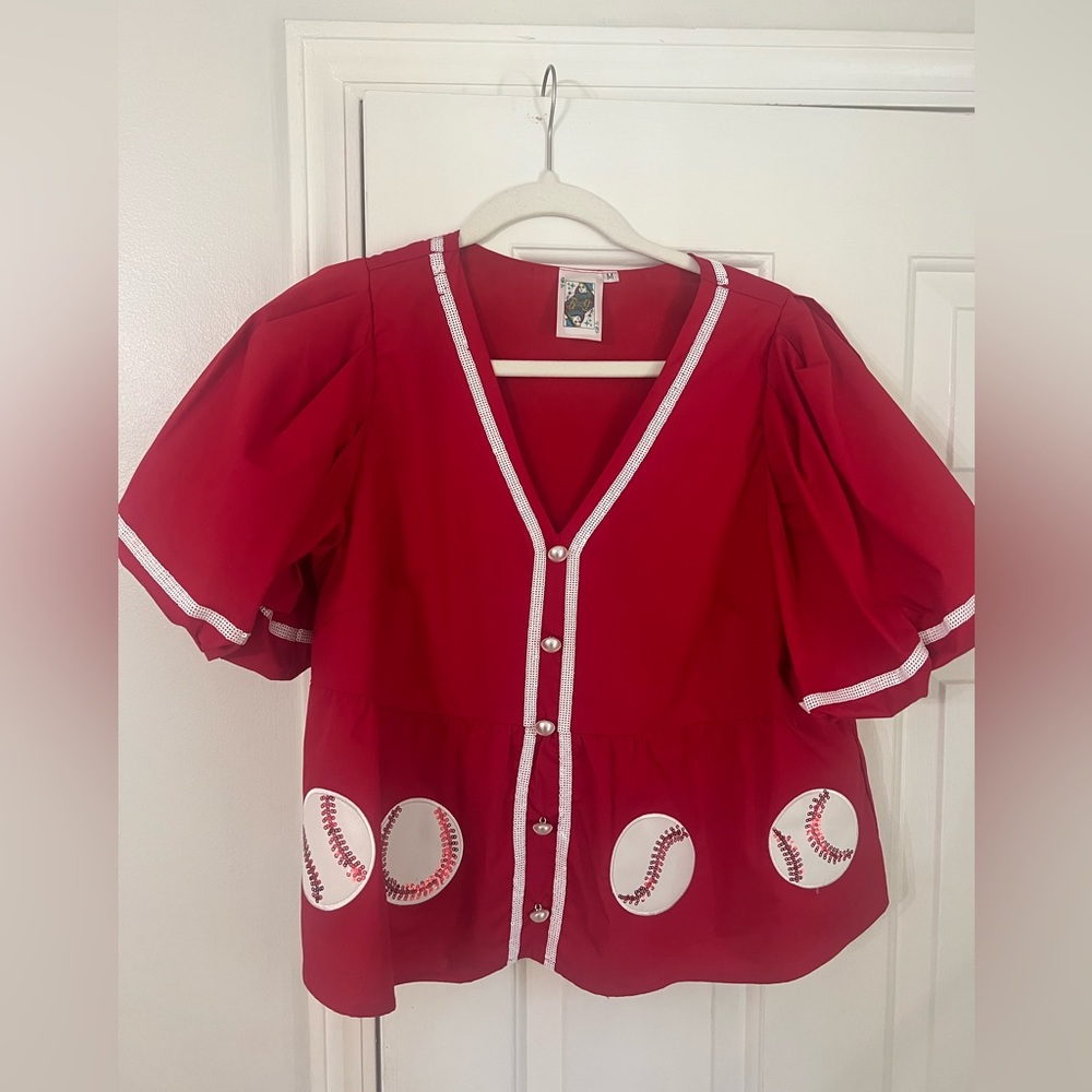 Queen of Sparkles Red Peplum Baseball Top, Size Medium